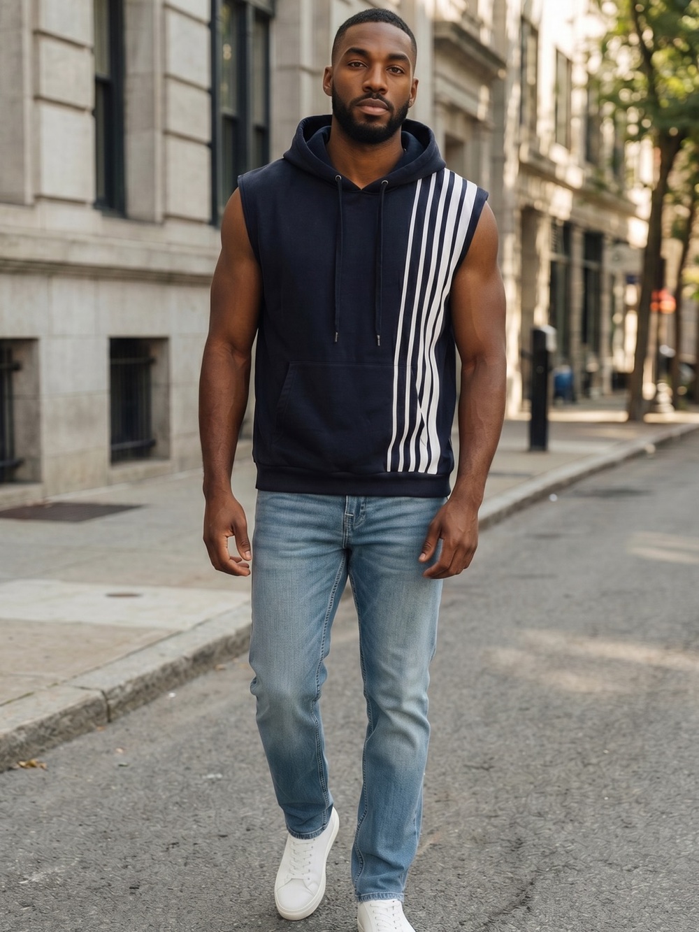 Jonny Cota Sleeveless Hooded Pullover with White Stripe Detail